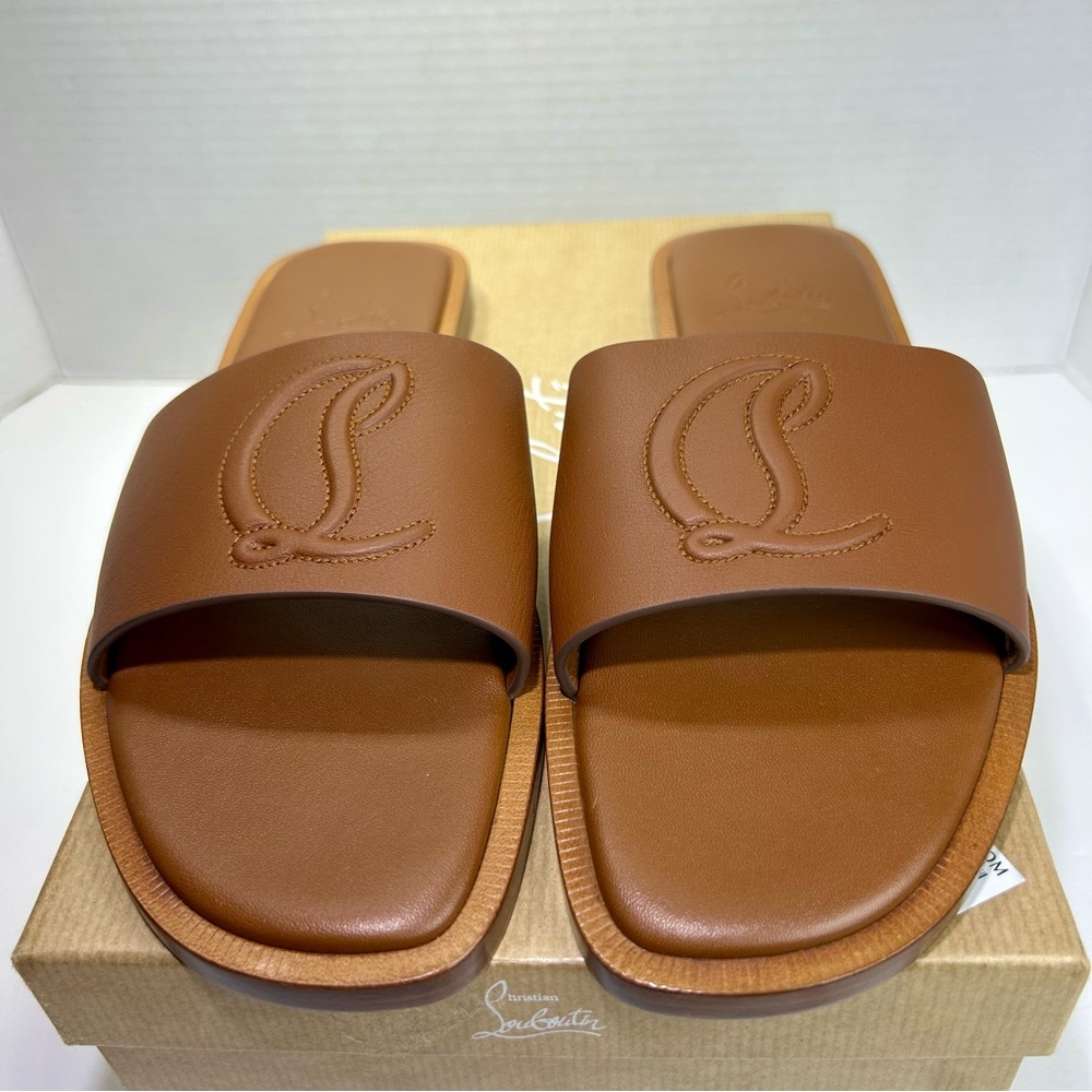 CHRISTIAN LOUBOUTIN CL MULE FLAT SANDAL EMBROIDERED LOGO BROWN LEATHER SZ 39 NEW - Picture 7 of 15